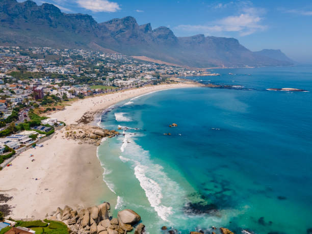 Camps Bay beach Cape Town from above with drone aerial view, Camps Bay Cape Town stock photo