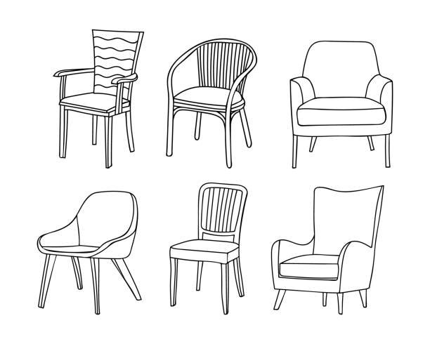 ilustraciones, imágenes clip art, dibujos animados e iconos de stock de colección de iconos de garabatos de silla en vector. iconos de silla dibujados a mano establecidos en vector. colección de ilustraciones de sillas doodle en vector - chair