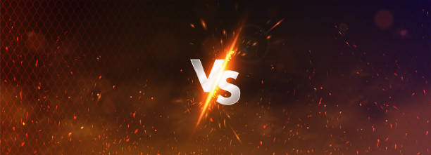 Versus battle banner concept MMA Versus battle banner concept MMA, fight night, boxing and other competitions. Versus illustration image blank template with sparks, flying coals, smoke, mesh netting and letters VS. Versus battle fighting stance stock illustrations