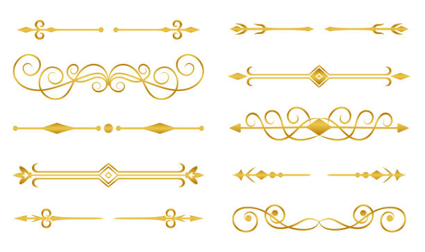 Divider border vintage text frame gold flat set Divider border vintage gold flat set. Ornamental curl classic design element text frame wedding invitation banner postcard. Rich elegant divider pattern flourish decoration vector isolated on white filigree stock illustrations