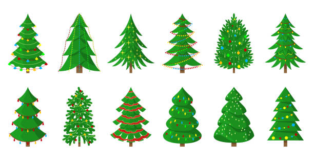 choinka bogato zdobiona wakacyjna komplet mieszkań - pine tree flash stock illustrations