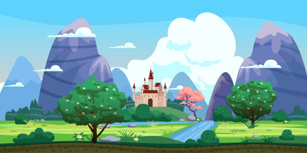 ilustraciones, imágenes clip art, dibujos animados e iconos de stock de paisaje de fantasía, castillo, colinas verdes, árboles en flor, primavera, montañas, panorama. ilustración de fondo de dibujos animados vectoriales - grand atlas