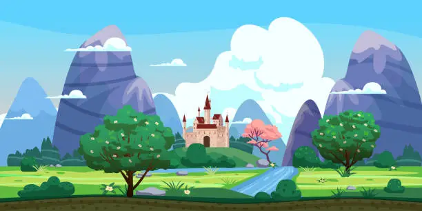 Vector illustration of Fantasy landscape, castle, green hills, blooming trees, spring, mountains, panorama. Vector cartoon background illustration