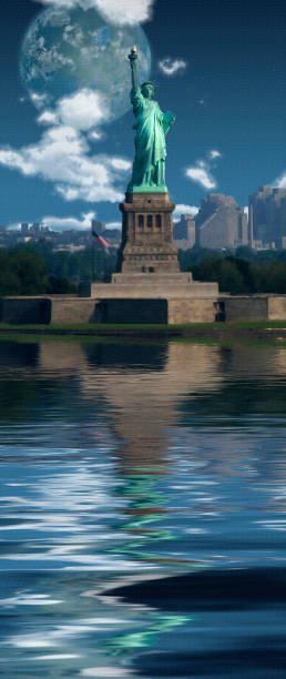 istock Future world. Terraformed moon above Manhattan 1373178597