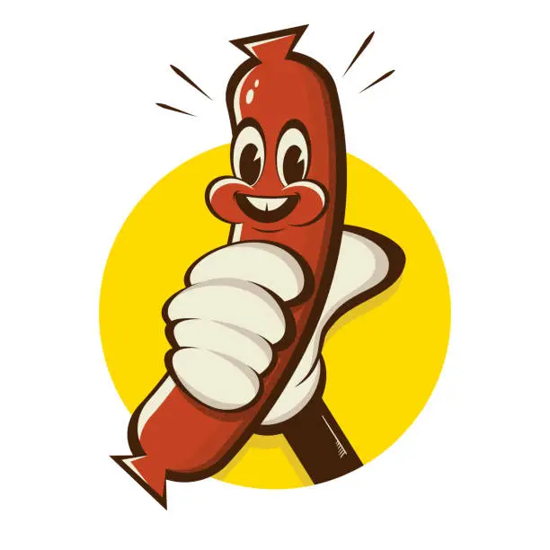Vector illustration of cartoon hand holding a funny sausage