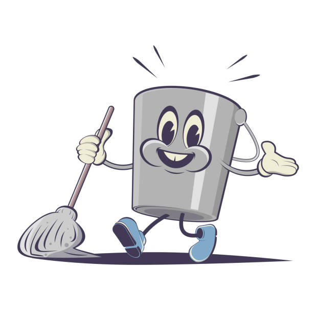 funny cartoon bucket with cleaning mop vector art illustration