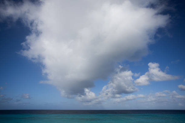 Turquoise sea, blue sky with big cloud. Seascape