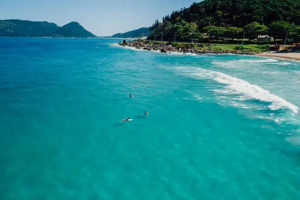 Surfers on surfboard in transparent blue ocean. Aerial view
