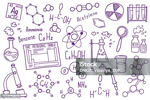 istock Chemistry symbols icon set. Science subject doodle design. Education and study concept. Back to school sketchy background for notebook, not pad, sketchbook. 1373190076