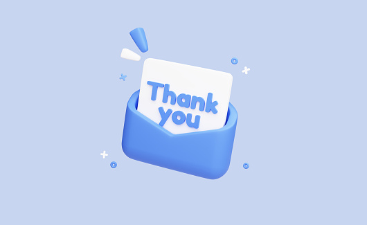 Letter in an envelope with thanks or thank you text. Cartoon icon. Email marketing concept. Isolated on background. Blue and White. 3D Rendering