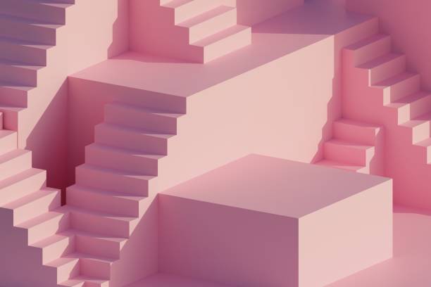istock Minimalistic abstract staircase and cube podium pink background 3d illustration 1373190542