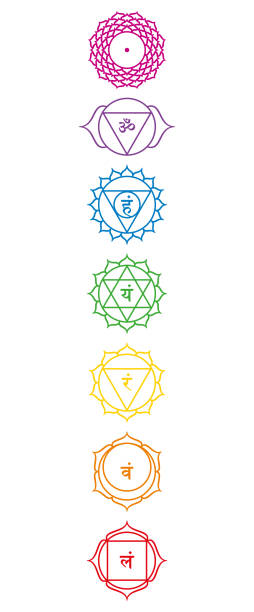 ilustraciones, imágenes clip art, dibujos animados e iconos de stock de símbolos de chakras de colores del arco iris, chakras principales multicolores - om symbol lotus hinduism symbol