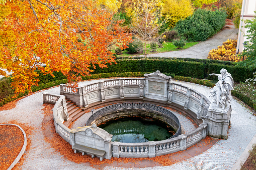 Donauquelle, Spring of greatest European river Danube in Donaueschingen, Germany. It’s a kind of water well which is located in a public park in the city of Donauschengen. Free access, no ticket entrance. October 27,2020