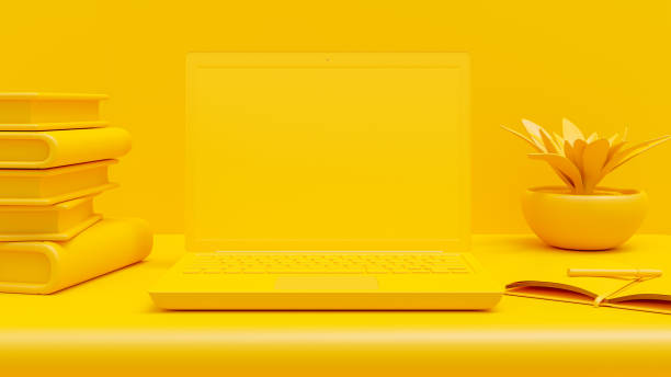 istock Yellow Laptop Mock-Up on work desk, with notebook and plant on side. Minimal idea concept, 3D Render. 1373193326