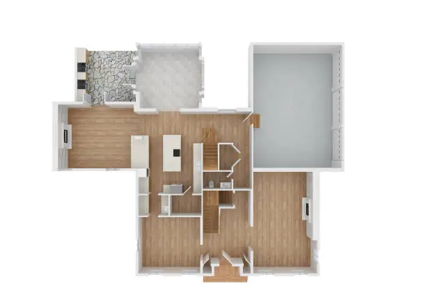 A 3D rendering of a single family home floor plan