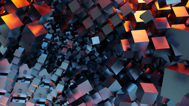 cubi metallici esplosione forme quadrate e luce rossa moderna sfondo grafico illustrazione 3d - imploding foto e immagini stock