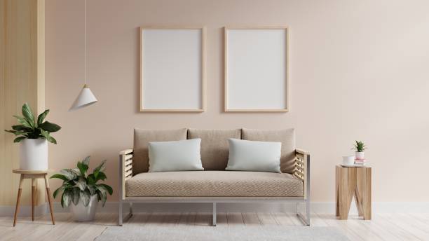 istock Mock up frame posters in scandinavian style living room. 1373204254