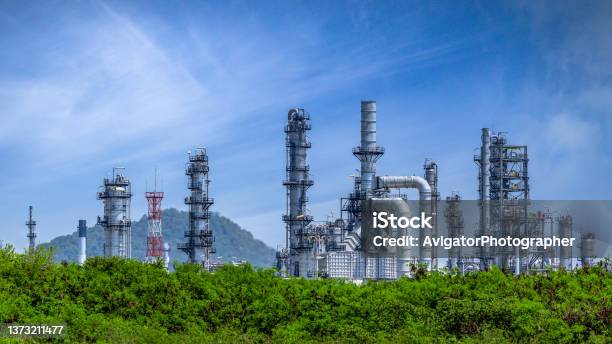 Oil Refinery Plant From Industry Zone Oil And Gas Petrochemical Industrial With Tree And Blue Sky Background Refinery Factory Oil Storage Tank And Pipeline Steel Ecosystem And Healthy Environment Concepts Stock Photo - Download Image Now