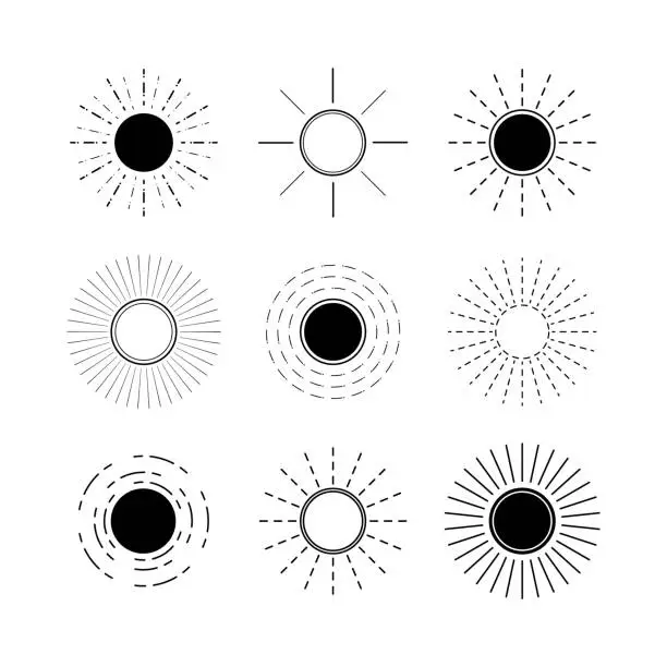 Vector illustration of Set of sun linear drawing design bohemian style. Collection of black sunray burst icons on white background creative retro style. Vector illustration.