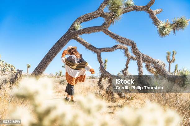 Woman Wandering In Colourful Clothes In Joshua Tree National Park Desert Area On A Blue Sky Sunny Day Stock Photo - Download Image Now