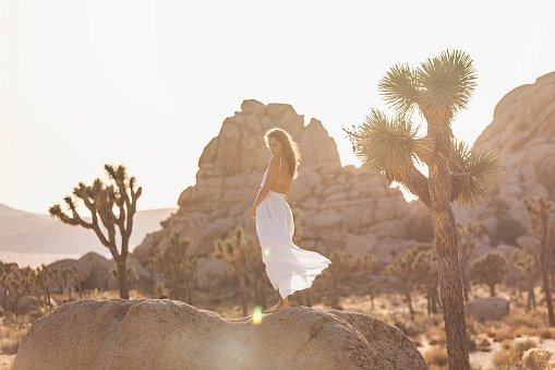 istock Beautiful woman in flowing white dress at sunset in Joshua Tree 1373216294