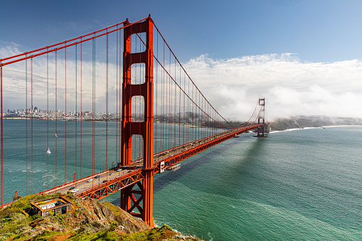 Golden Gate Bridge above teal bay of water in San Fransisco