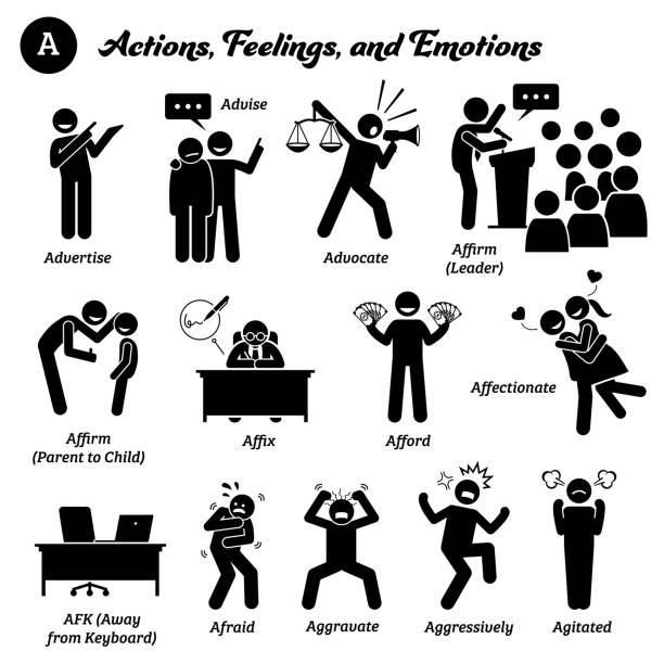 przyklej figurę ludzkiego człowieka akcja, uczucia i emocje ikony zaczynające się od alfabetu a. - afford stock illustrations