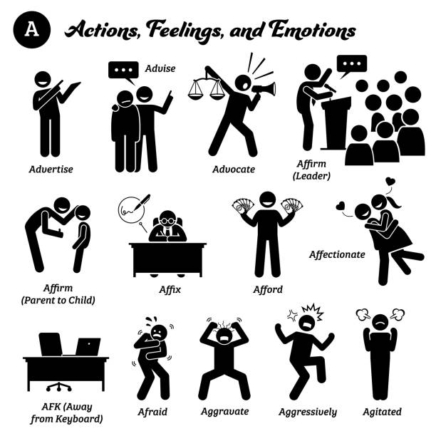 Stick figure human people man action, feelings, and emotions icons starting with alphabet A. Stick figure human people man action, feelings, and emotions icons starting with alphabet A. Advertise, advise, advocate, affirm, affix sign, afford, affectionate, AFK, afraid, aggressive, agitated. angry crowd stock illustrations