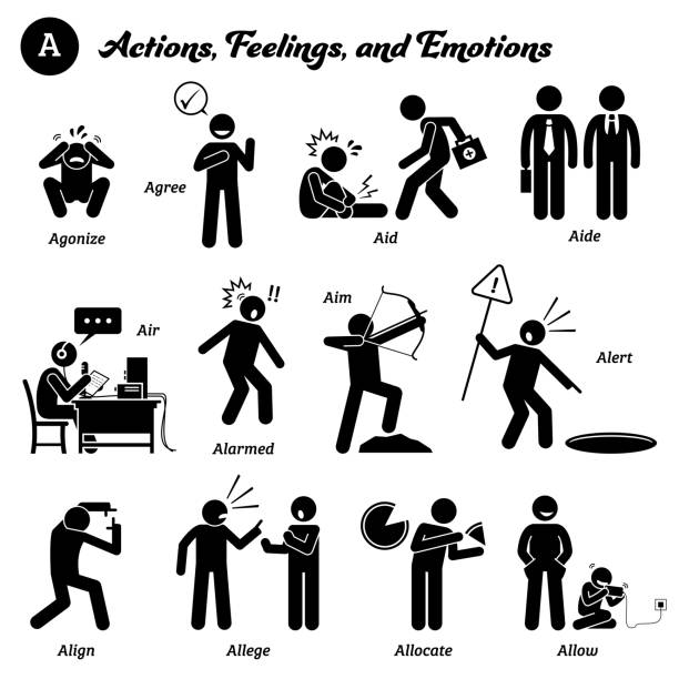 Stick figure human people man action, feelings, and emotions icons starting with alphabet A. Stick figure human people man action, feelings, and emotions icons starting with alphabet A. Agonize, agree, aid, aide, air, alarmed, aim, alert, align, allege, allocate, and allow. allocate stock illustrations