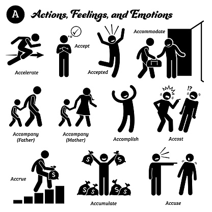 Stick figure human people man action, feelings, and emotions icons starting with alphabet A. Accelerate, accept, accepted, accommodate, accompany, accomplish, accost, accrue, accumulate, and accuse.