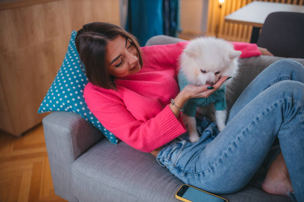 istock Happy Woman Holding  Spitz Dog on Sofa 1373221183