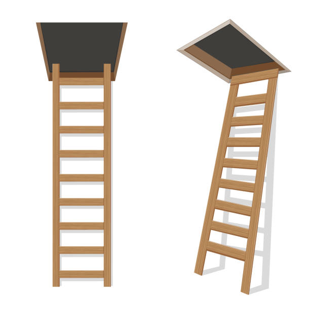 wooden ladder to the attic vector illustration isolated on white background wooden ladder to the attic vector illustration isolated on white background. scuttle stock illustrations