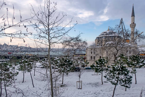 istanbul,Turkey-January 25,2022.Istanbul is the dream city between the continents of Europe and Asia. City view with modern, historical and natural beauties from the historical peninsula and the Golden Horn on a snowy winter day.