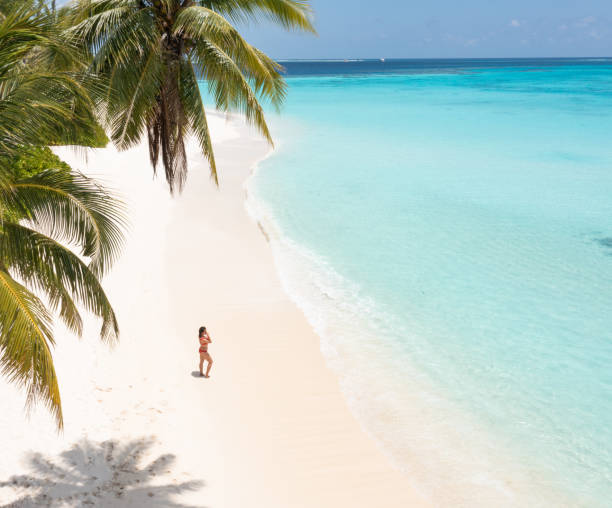 istock Beautiful woman looking ocean under palm tree 1373225982