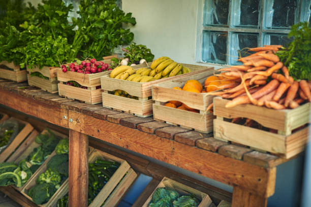 Shot of freshly picked produce in a crate a farmer’s market Organic food is good food local products stock pictures, royalty-free photos & images