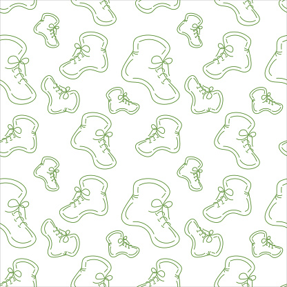 Seamless pattern of demi boots in a linear minimalist style in green muted hues. Vector repeat texture. Abstract background. Vector illustration.
