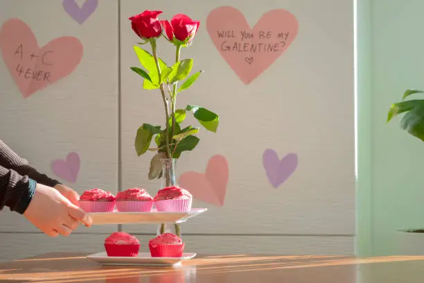 Photo of Woman Celebrating Galentine's Day, Vegan Raspberry Cupcakes, Hearts and Roses