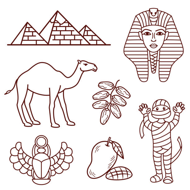 набор векторных иконок египетских достопримечательностей - egypt pyramid cairo camel stock illustrations