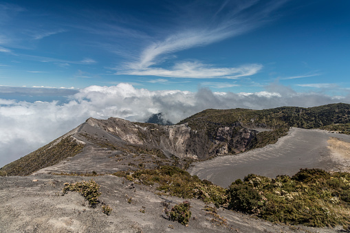 Panoramic view of the crater of a dormant volcano in the Irazu Volcano National Park in Costa Rica