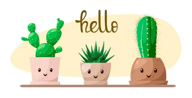 Vector illustration of A set of cacti in funny pots