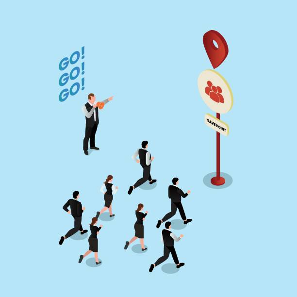 ilustrações de stock, clip art, desenhos animados e ícones de business people running to save point isometric 3d - school hall