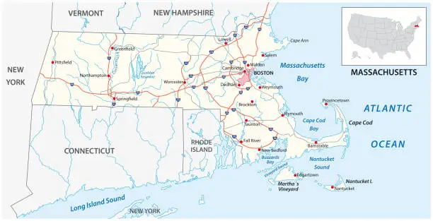 Vector illustration of road map of the US American State of Massachusetts