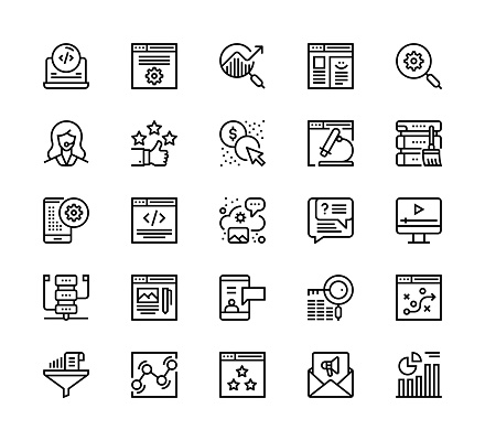 24 x 24 pixel high quality editable stroke line icons. These 25 simple modern icons are about SEO and development.