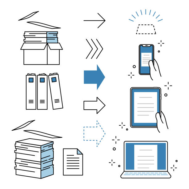 ペーパーレスとドキュメントのデジタル化のためのビジネスアイコンのセット ドキュメント、矢印、およびスマートフォン、タブレット、およびpcのデジタルデバイスの山 - digitize点のイラスト素材／クリップアート素材／マンガ素材／アイコン素材