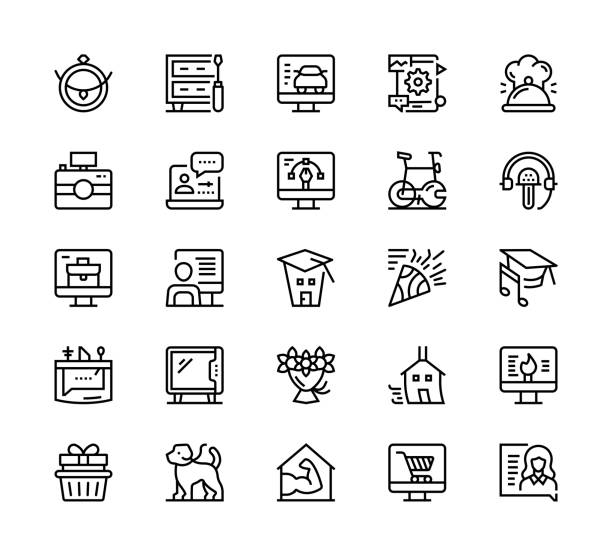 Home-based business icons 24 x 24 pixel high quality editable stroke line icons. These 25 simple modern icons are about home-based business. image based social media stock illustrations