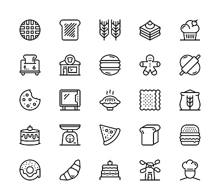 24 x 24 pixel high quality editable stroke line icons. These 25 simple modern icons are about bakery.