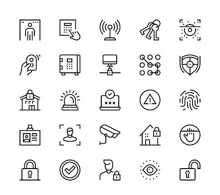 24 x 24 pixel high quality editable stroke line icons. These 25 simple modern icons are about security.