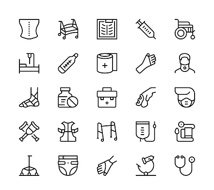 24 x 24 pixel high quality editable stroke line icons. These 25 simple modern icons are about orthopedics and medical products.
