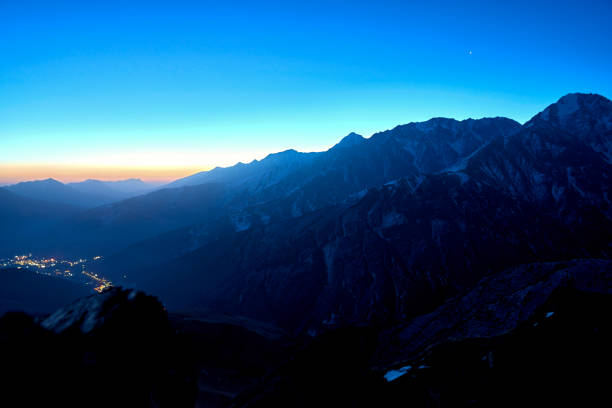 Mountain peak silouette, on the Min Mountains or Minshan, a mountain range in central China. It runs in the general north-south direction through northern Sichuan.