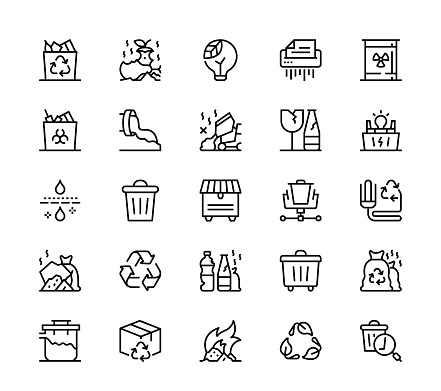 24 x 24 pixel high quality editable stroke line icons. These 25 simple modern icons are about waste and recycling.